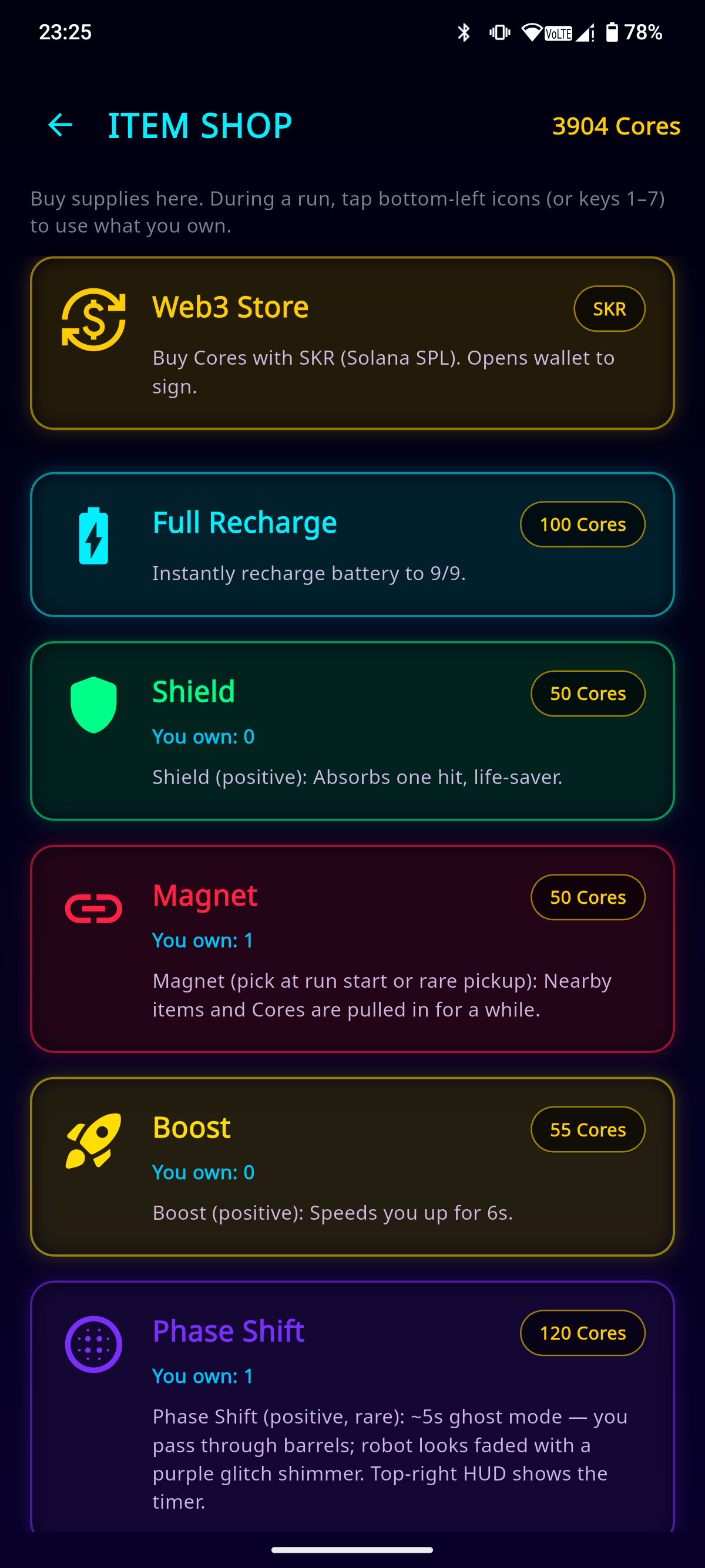 Item Shop - Buy shields, boosts, magnets, phase shifts