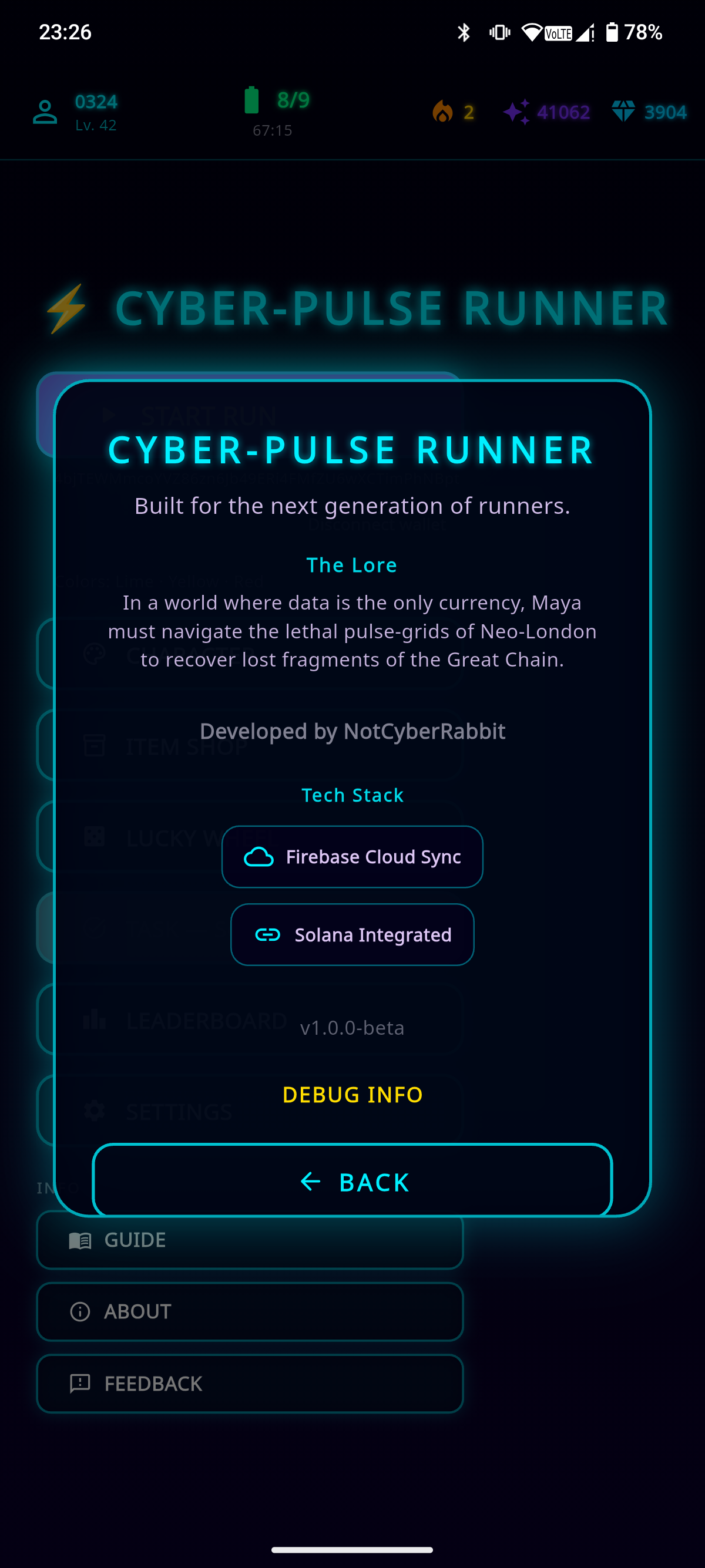 About Screen - Game lore, tech stack, version info